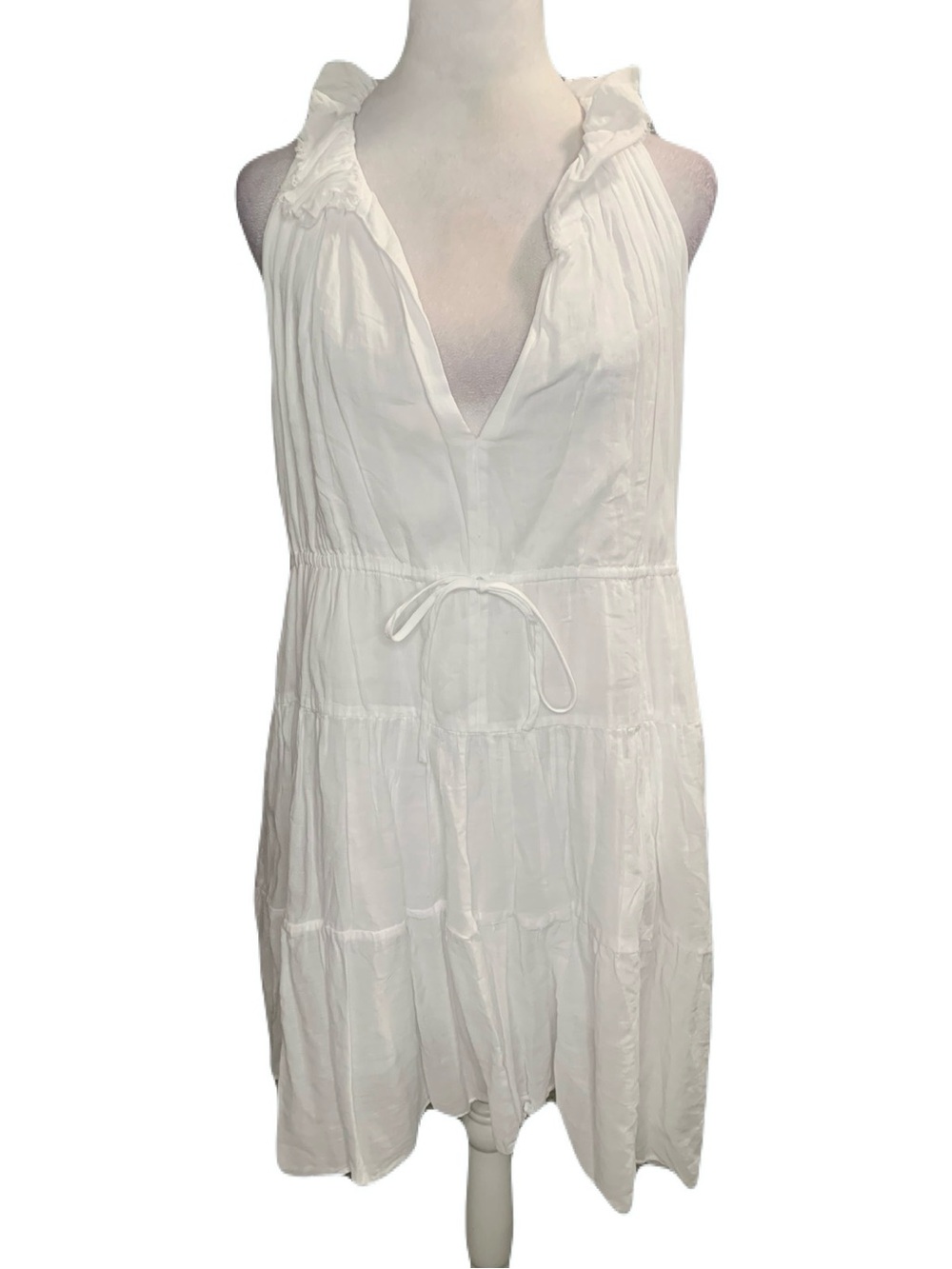 Loup Charmant Medium White Cotton V Neck Tiered Ruffle Boho Flowy Mini Dress